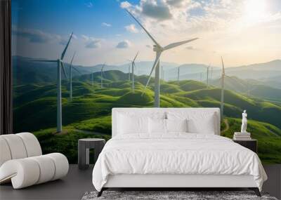 Panoramic view of wind farm or wind park with high wind turbines for generation electricity, Wind Energy And Technology, Green energy concept Wall mural